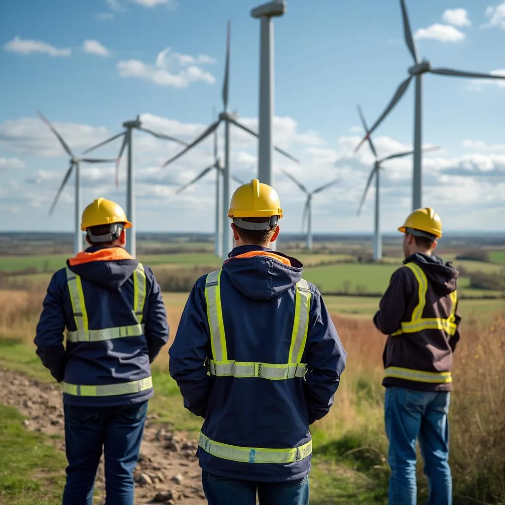 Tím inžinierov počas inšpekcie veternej elektrárne